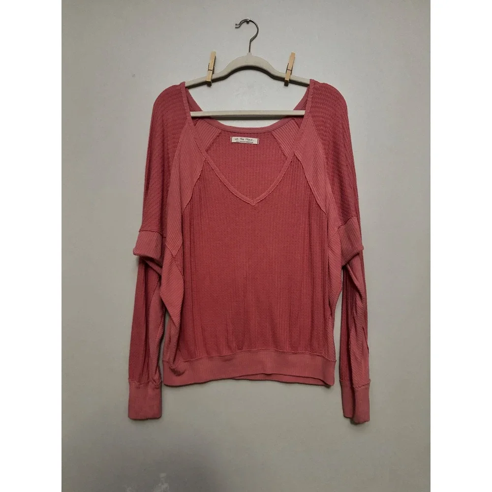 Free People We The Free Rose Pink Waffle Knit V-Neck Thermal Top Small